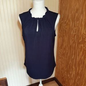 Blue Moon Sleeveless Keyhole Navy Blouse Ruffle Neckline